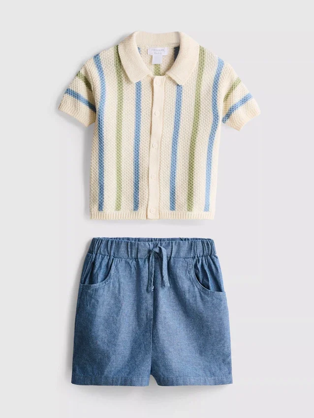 0–12 måneder | Sæt med stribet strikket poloshirt og shorts