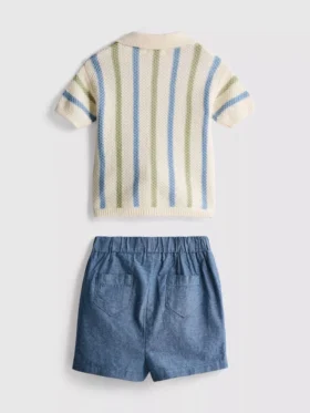 0–12 måneder | Sæt med stribet strikket poloshirt og shorts