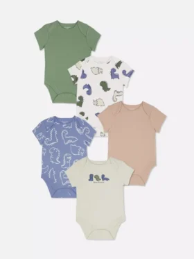 0-36 måneder | 5-pak kortærmede bodysuits med dinosaur-motiv