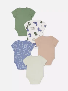 0-36 måneder | 5-pak kortærmede bodysuits med dinosaur-motiv