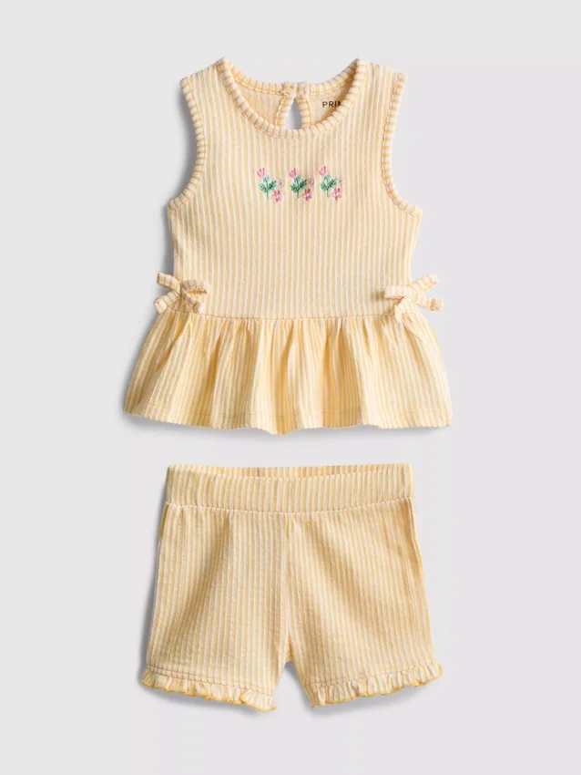 0-36 måneder | sæt bestående af bluse med blomsterbroderi og peplum-kant samt Shorts