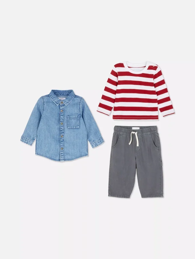 0-36 måneder | sæt med langærmet T-shirt, bukser og denimskjorte