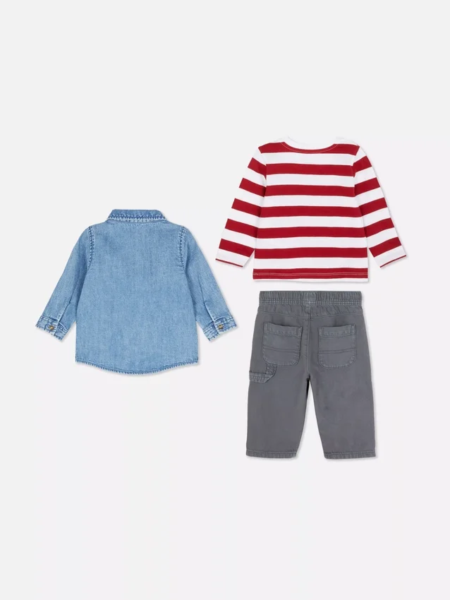 0-36 måneder | sæt med langærmet T-shirt, bukser og denimskjorte