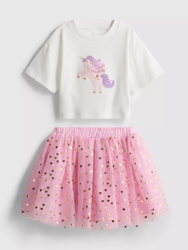 1,5–8 år | T-shirt med enhjørning-motiv og tutu-nederdel-sæt