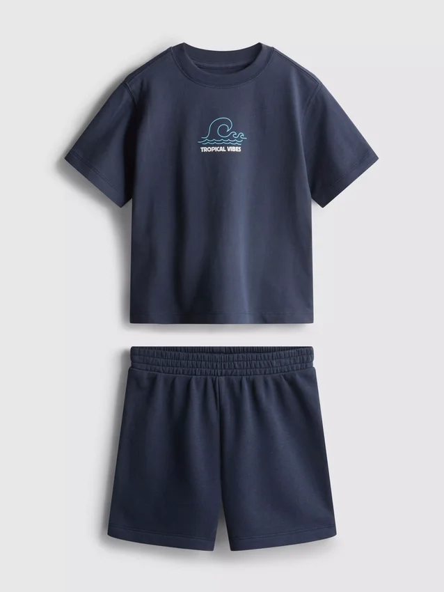 1,5–9 år | T-shirt og shorts-sæt med tropisk grafisk flokket mønster