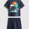 1,5–9 år | T-shirt og shorts-sæt med tropisk grafisk flokket mønster