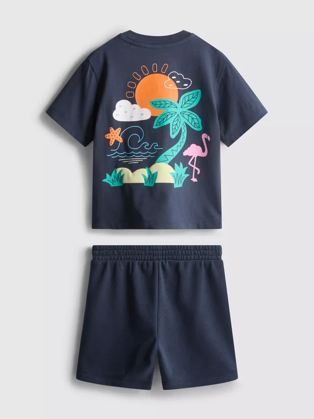 1,5–9 år | T-shirt og shorts-sæt med tropisk grafisk flokket mønster