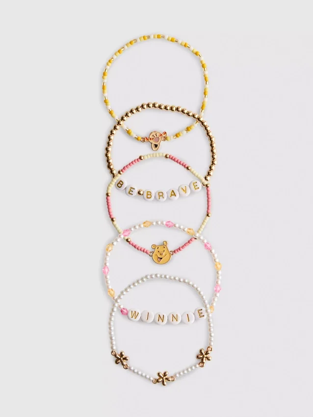5-pak med Disney Winnie the Pooh-armbånd med perler og figurcharms