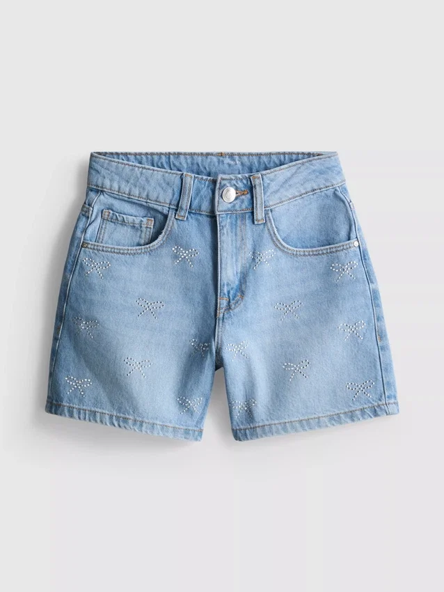 7–15 år | denimshorts med strass-sløjfe