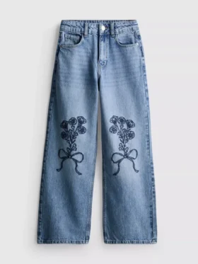 7–15 år | Jeans med brede ben og broderet blomsterbue