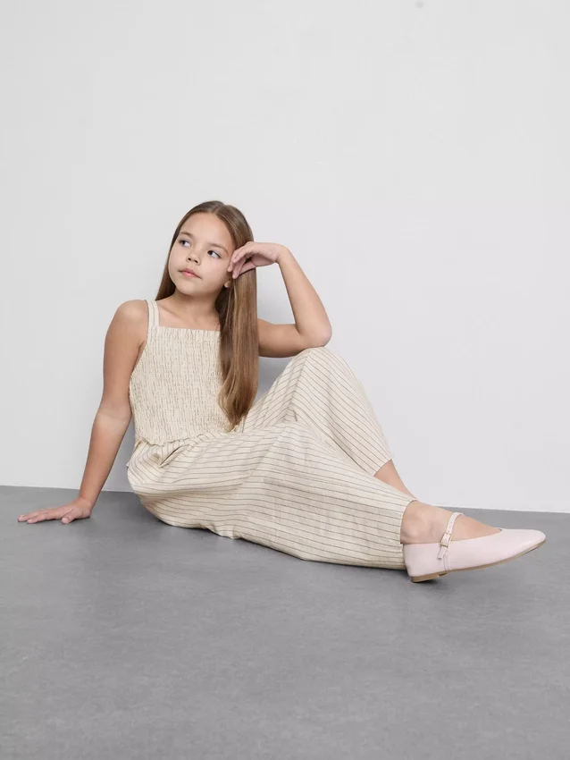 7–15 år | Stribet jumpsuit med rynket stof