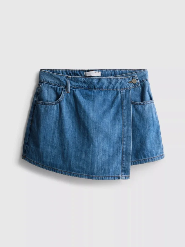 Asymmetrisk wrap-skort i bomuldsdenim