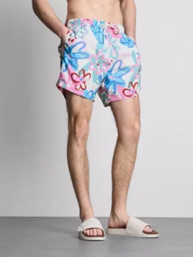 Badeshorts med blomster-graffiti-mønster
