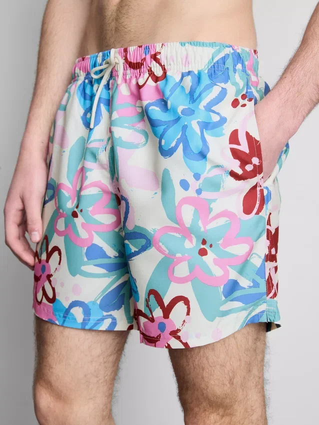 Badeshorts med blomster-graffiti-mønster