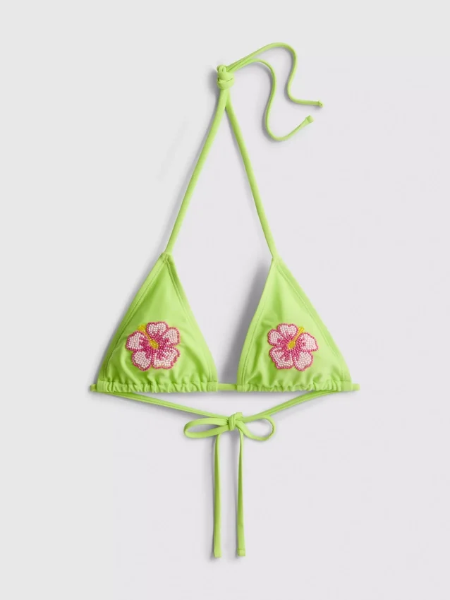 Bikinitop med perlebesat blomst og trekantform