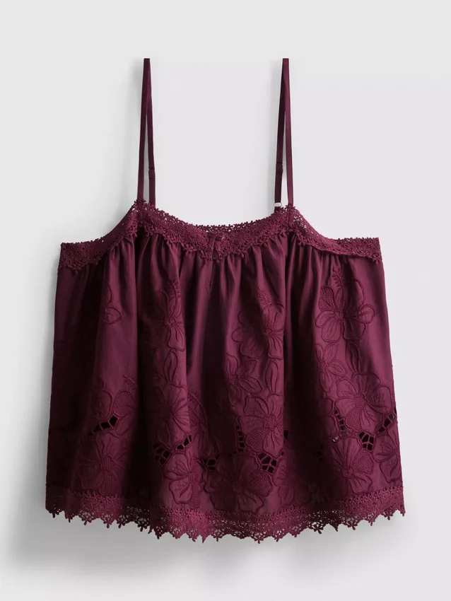 Cami-top i bomuld med blomsterbroderi