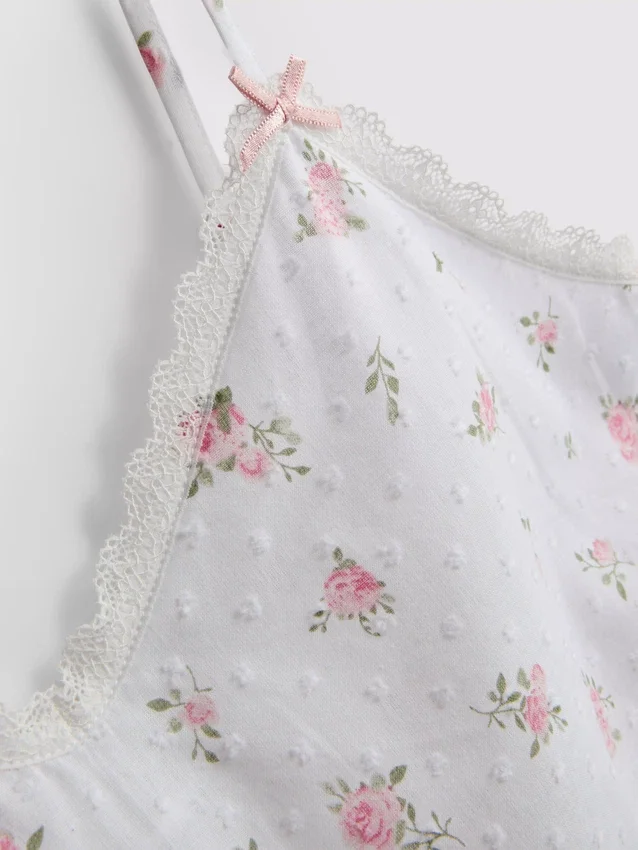 Dobby-pyjamasser-cami i bomuld med blomsterprint
