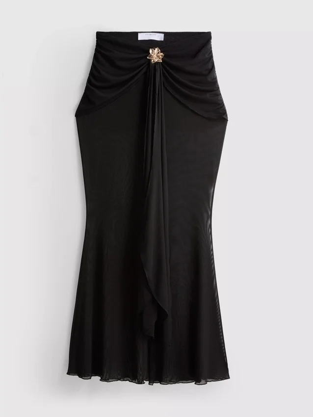 Draperet midi-nederdel i mesh
