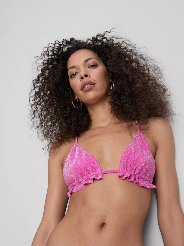 Glitrende trekantet bikini-top med flæser