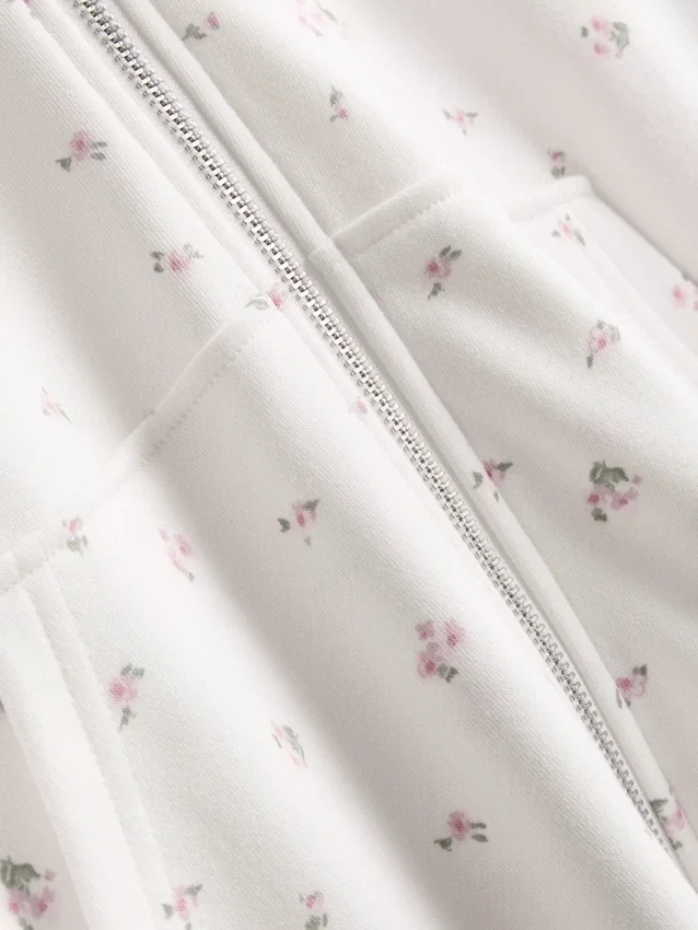Hættetrøje med lynlås hele vejen ned og blomsterprint i bomuldsblanding