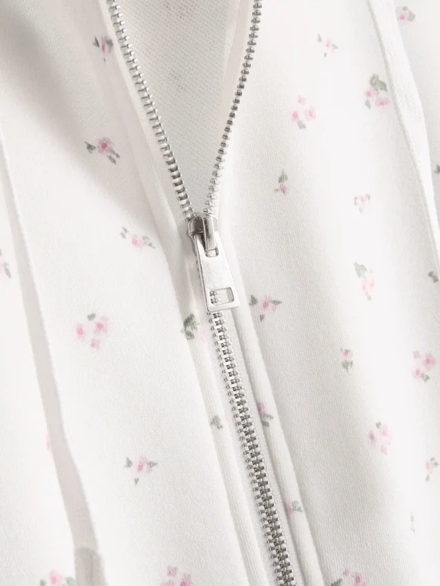 Hættetrøje med lynlås hele vejen ned og blomsterprint i bomuldsblanding