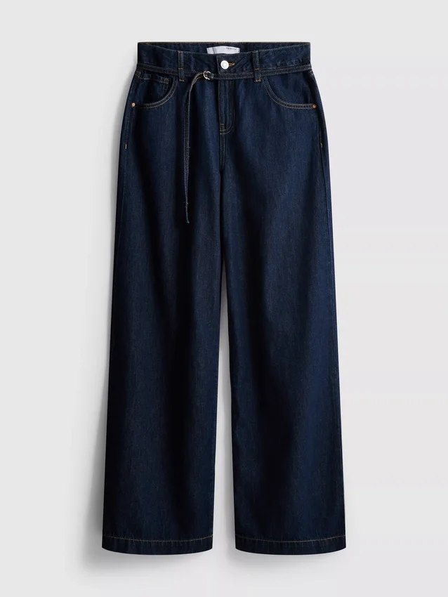 Jeans med middelhøj talje, bælte og brede ben