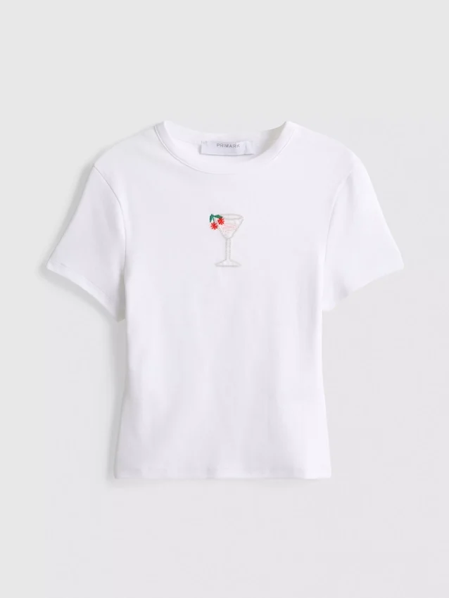 Kort baby-T-shirt med perler, med højt bomuldsindhold