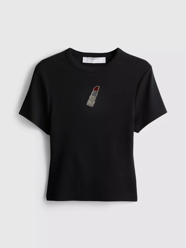 Kort baby-T-shirt med perler, med højt bomuldsindhold