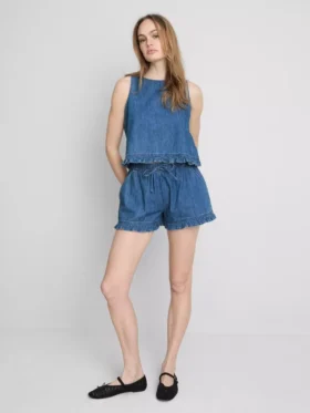 Kort, flæset tanktop i bomuldsdenim