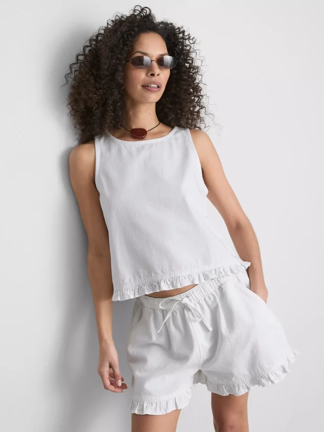 Kort, flæset tanktop i bomuldsdenim