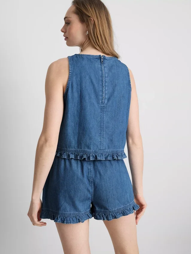 Kort, flæset tanktop i bomuldsdenim