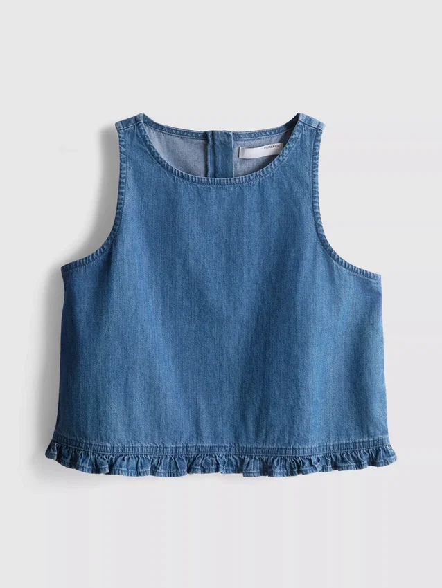 Kort, flæset tanktop i bomuldsdenim