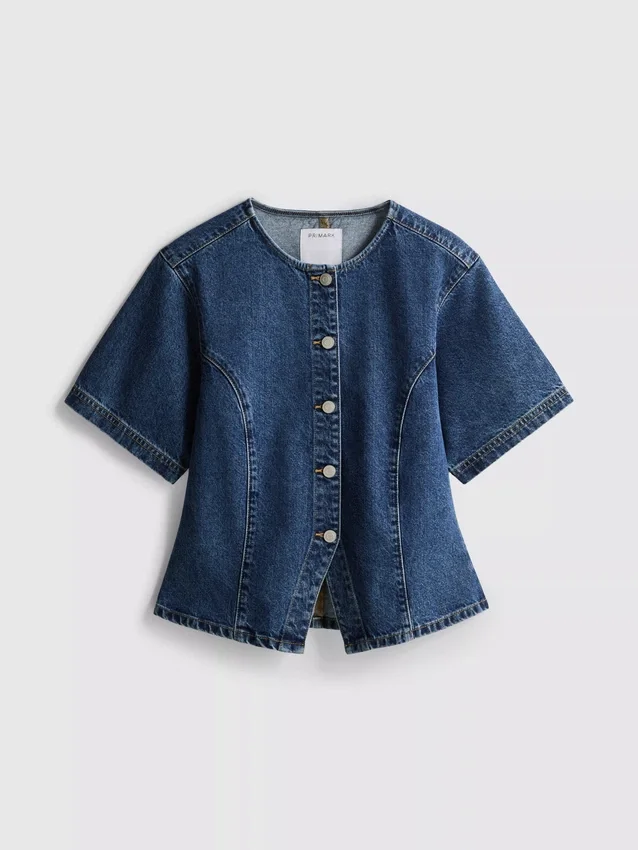 Kortærmet top i bomuldsdenim med snøret talje