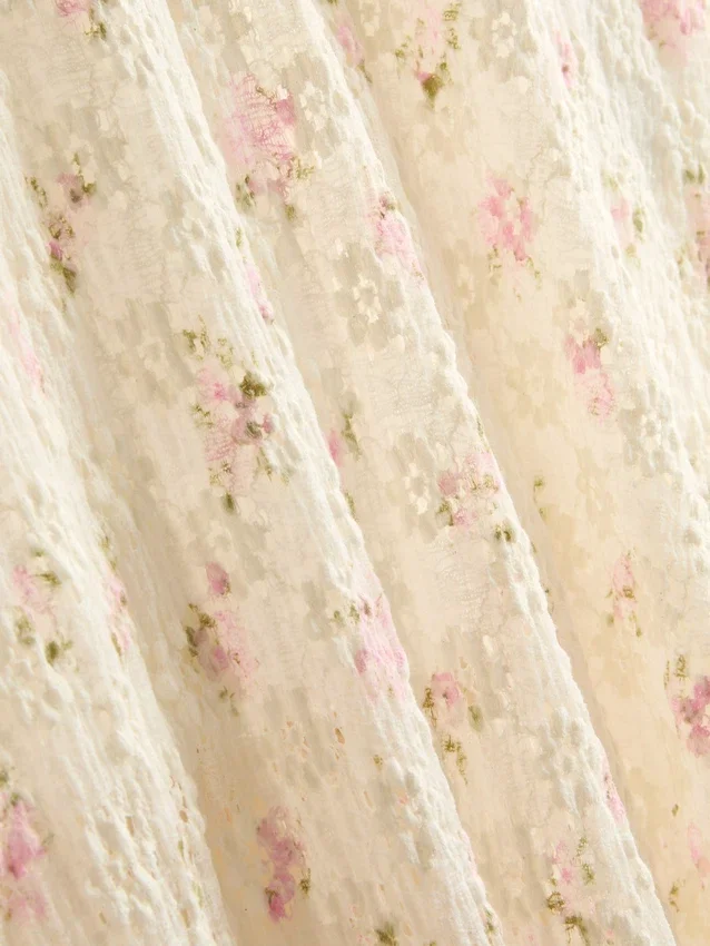 Midi-nederdel i bomuldsblanding med struktur og blomsterprint