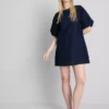 Minikjole i bomuldsdenim med pufærmer