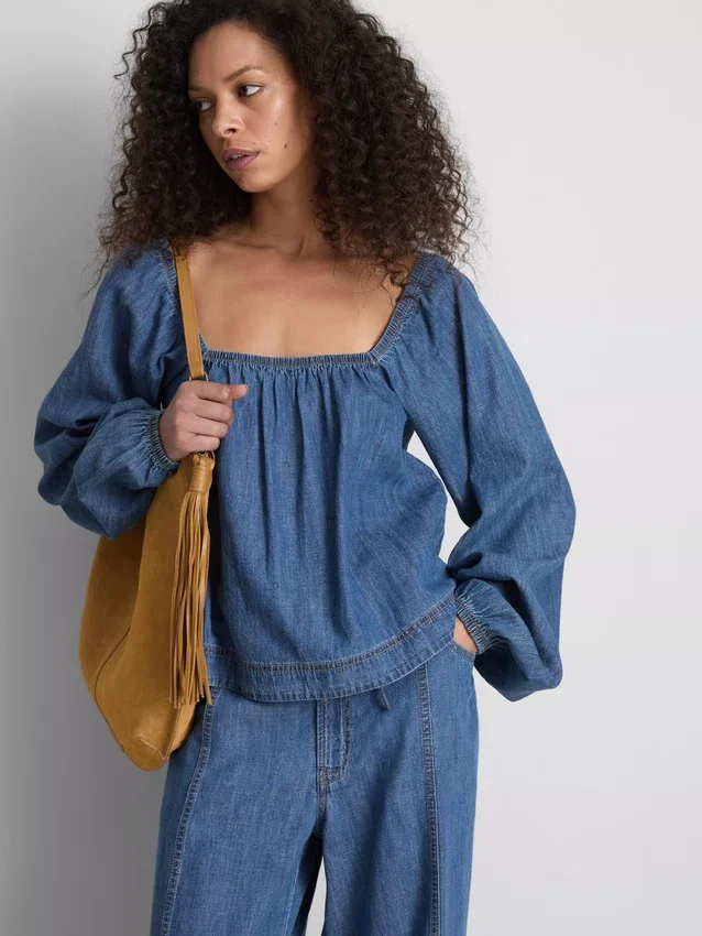 Paula Echevarría denim-top med pufærmer
