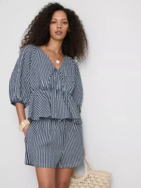 Paula Echevarría stribet seersucker-bluse med pufærmer