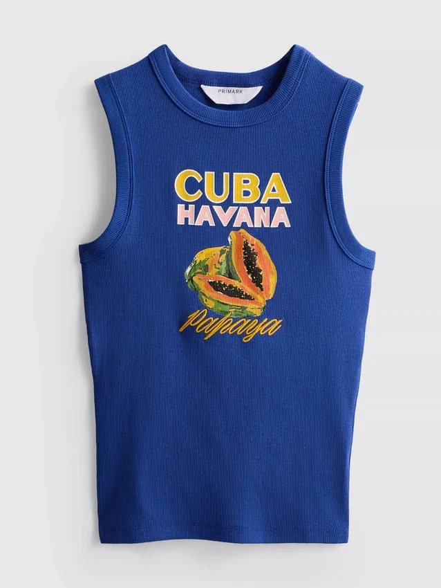 Ribbet tanktop med grafisk print i bomuldsblanding