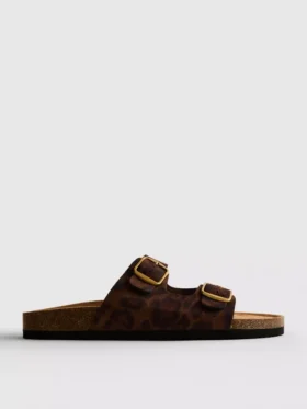 Sandaler med dobbelt rem og fodseng i leopardmønster