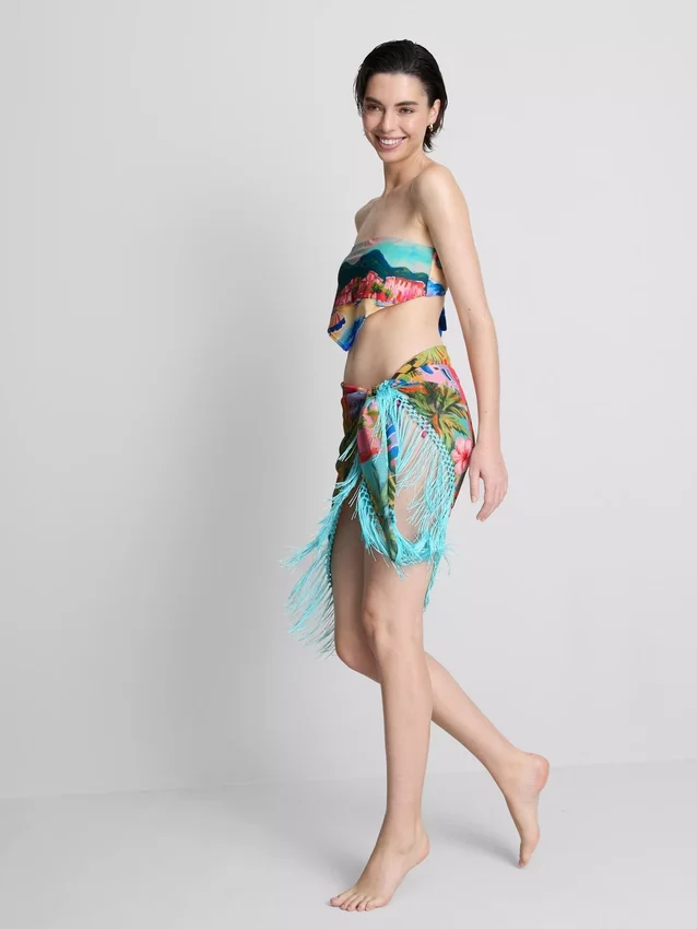 Sarong med frynser og tropisk print