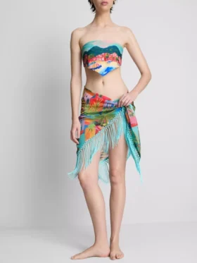 Sarong med frynser og tropisk print