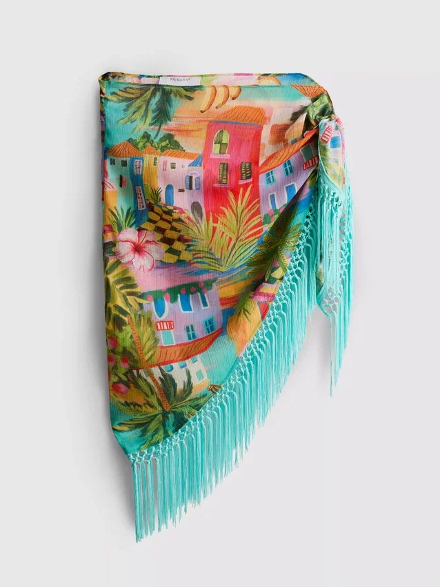 Sarong med frynser og tropisk print