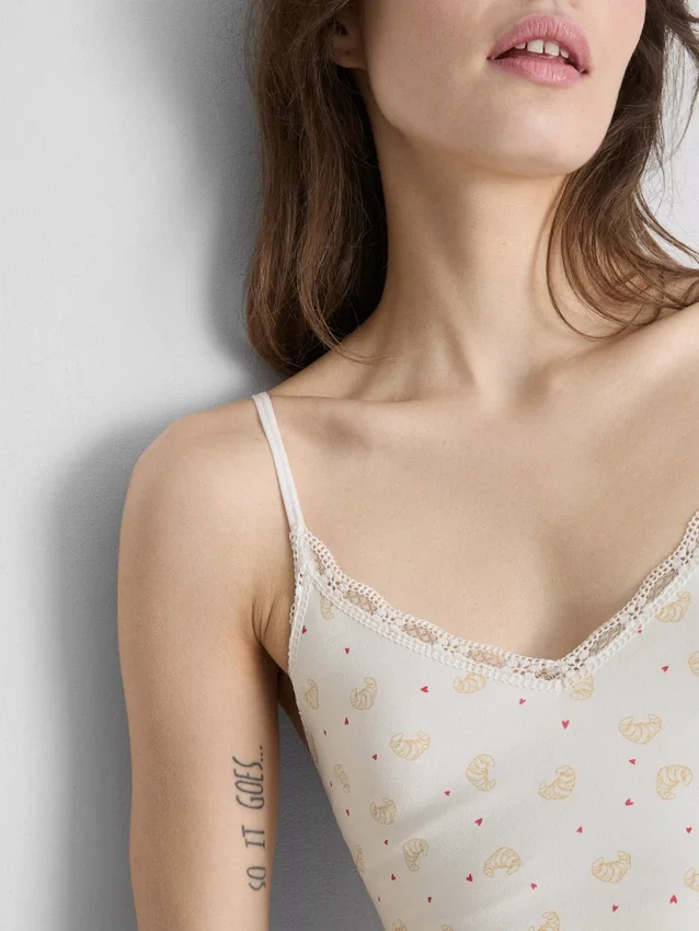 Sømløs, printet, kort pyjamasser-cami