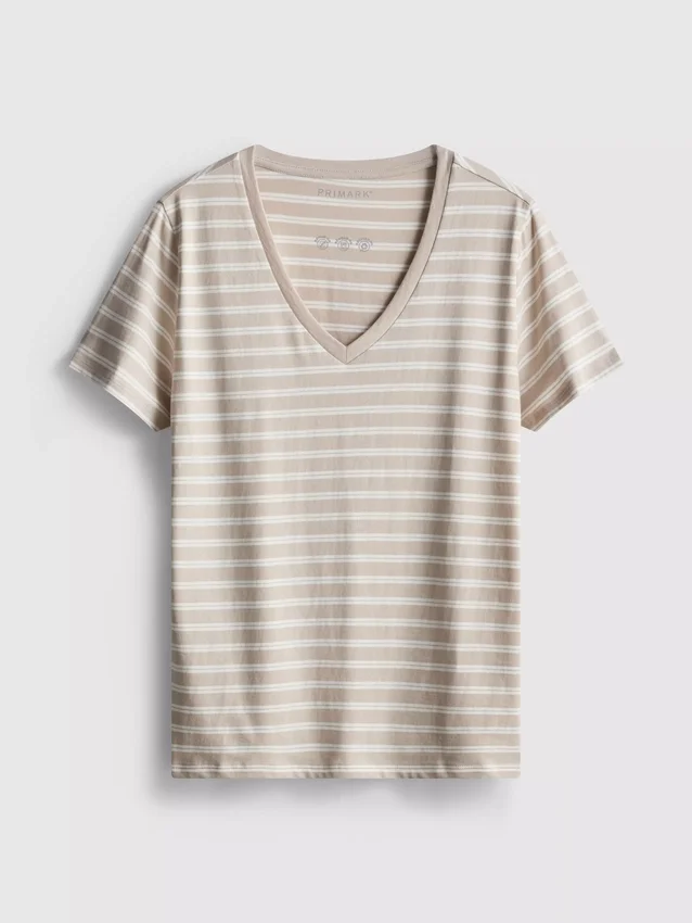 Stribet T-shirt i bomuld med V-hals