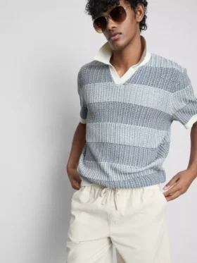 Strikket poloshirt med strukturerede striber