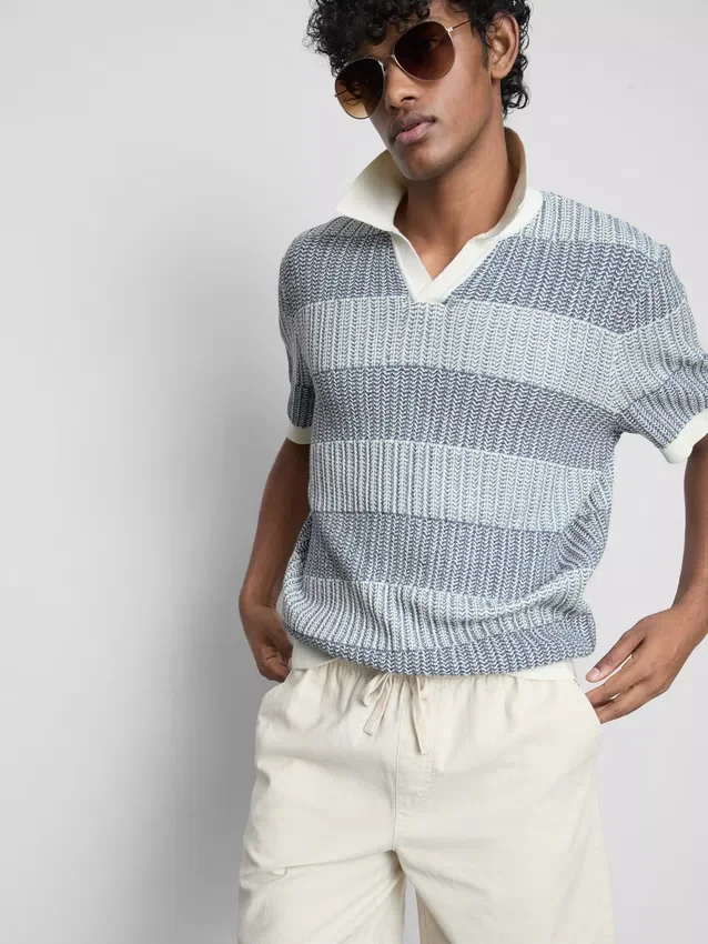 Strikket poloshirt med strukturerede striber