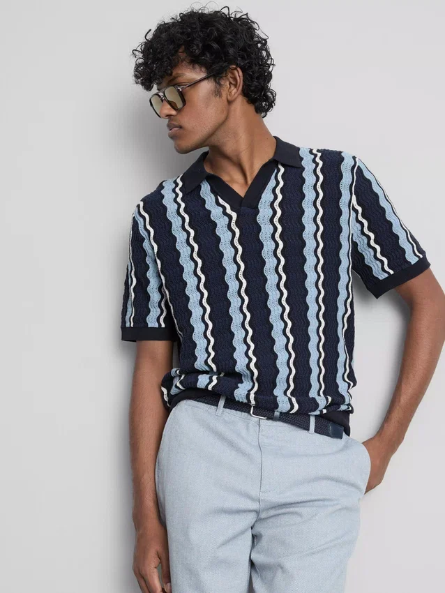 Strikket poloshirt med strukturerede striber