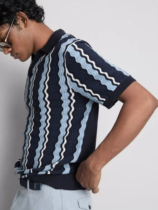 Strikket poloshirt med strukturerede striber
