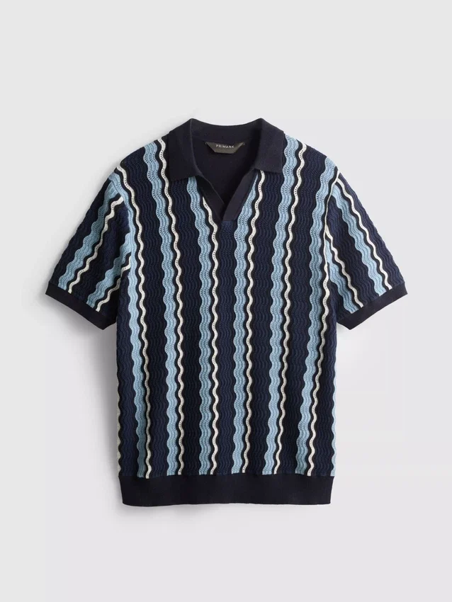 Strikket poloshirt med strukturerede striber