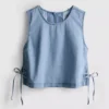 Tanktop i bomuldsdenim med bindebånd i siden